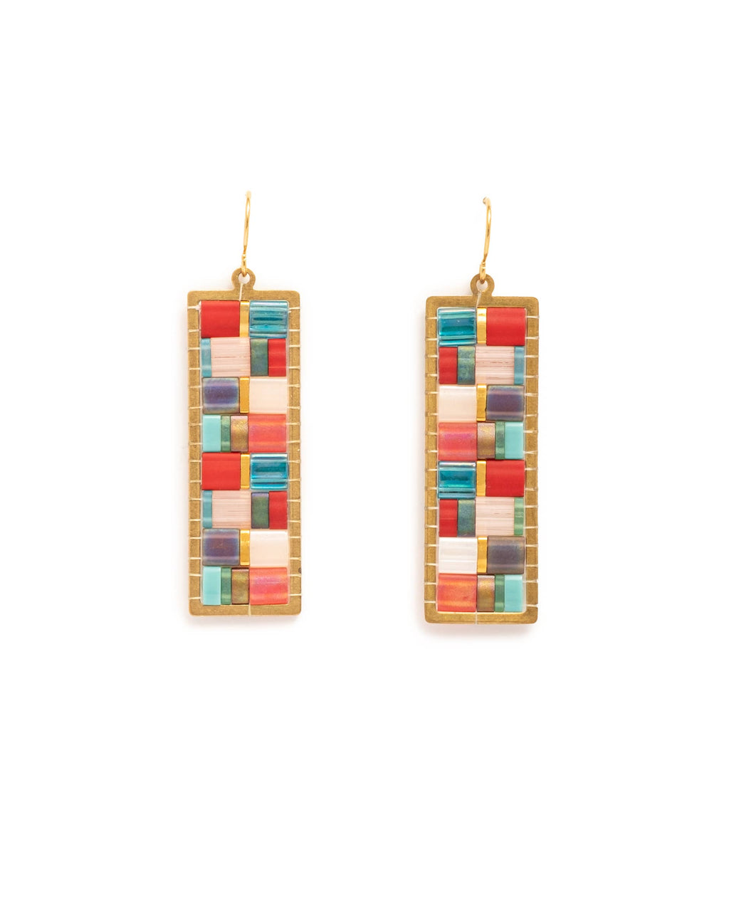 Beaded Handwoven Mosaic Tila and Brass Earrings (Blue/Red)