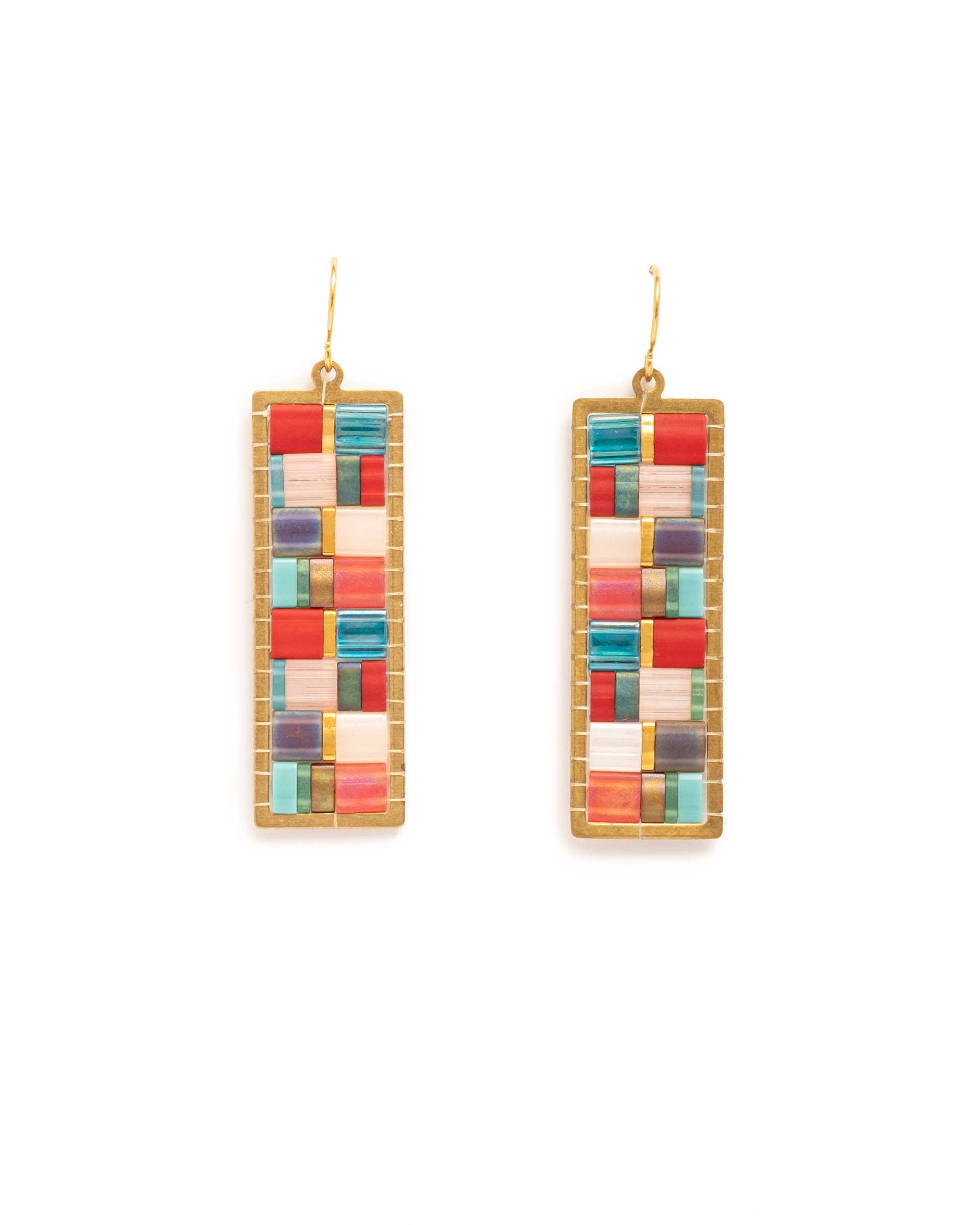 Beaded Handwoven Mosaic Tila and Brass Earrings (Blue/Red)