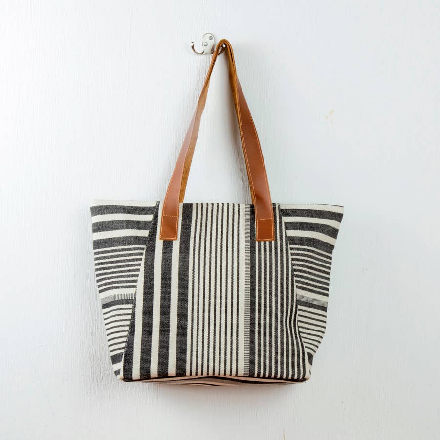 Black and White Tote With Leather Straps