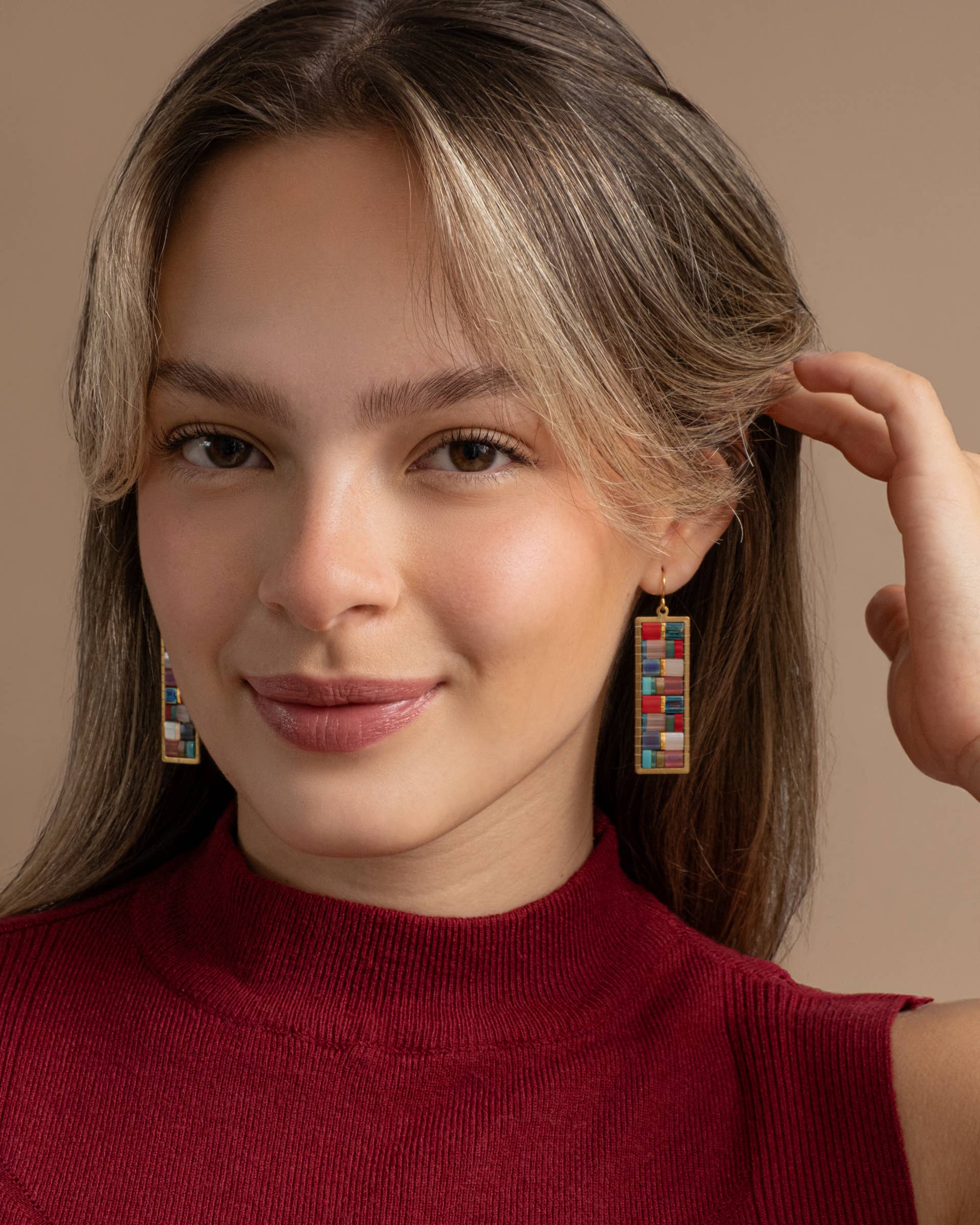 Beaded Handwoven Mosaic Tila and Brass Earrings (Blue/Red)