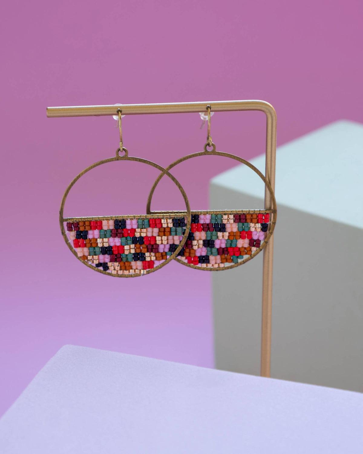 Beaded Handwoven Patchwork Circle Earrings (Sweet Escape)